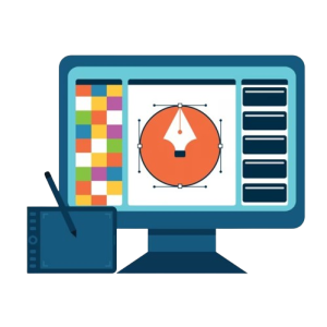 a computer with a graphic design on it