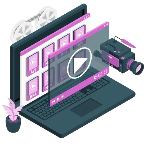 a computer with a video camera and a video player